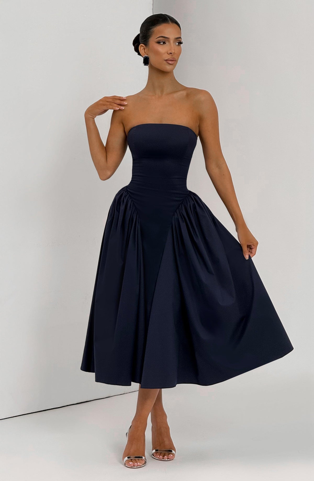 Strapless Basque Waist Gathered Godet Skirt Midi Dress 7