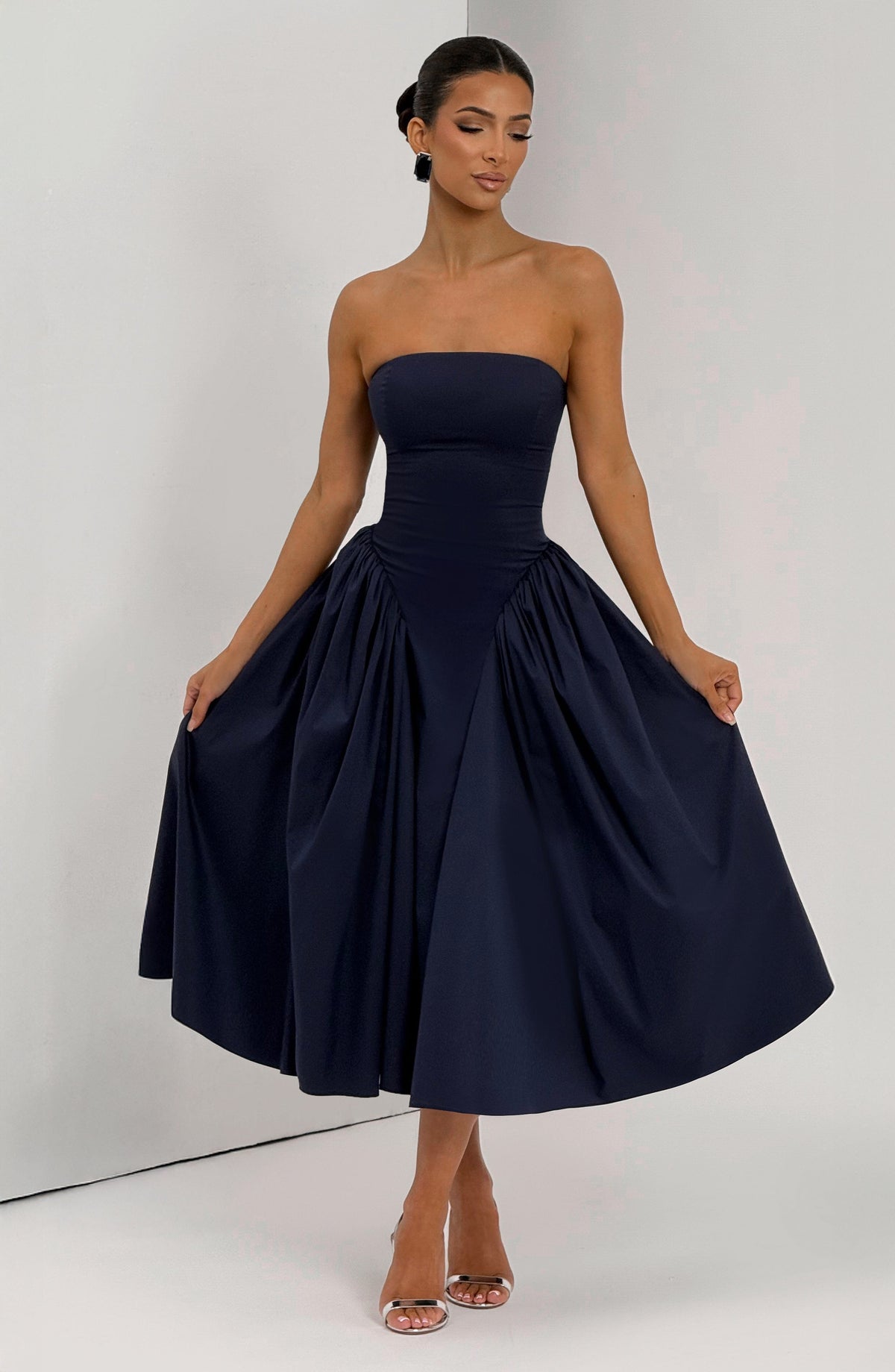 Strapless Basque Waist Gathered Godet Skirt Midi Dress 6