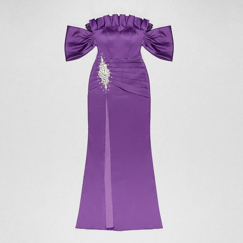 Darlina Off Shoulder Thigh Slit Solid Dress