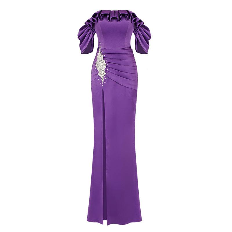 Darlina Off Shoulder Thigh Slit Solid Dress