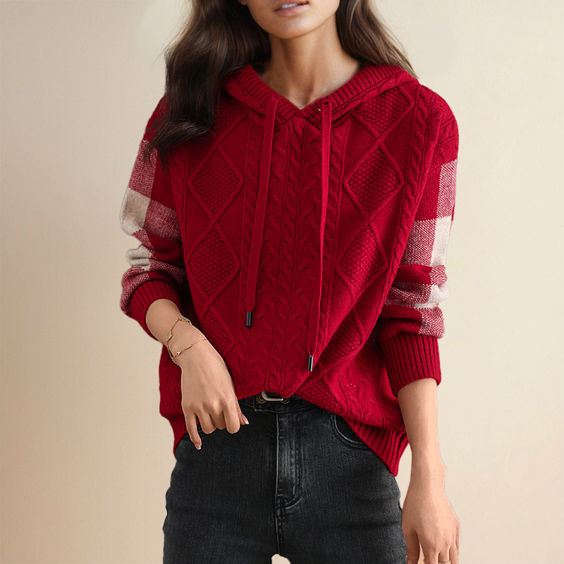 Hooded Cable Knit Drawstring Sweater
