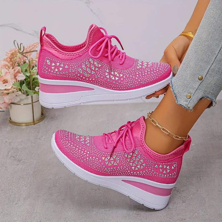 Rhinestone Mesh Lace Up Wedge Sneakers