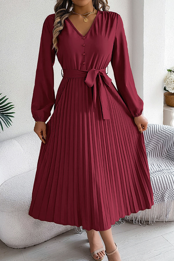 Solid Color Elegant V-neck Buttoned Lace-up Pleated Maxi Dress - View 5
