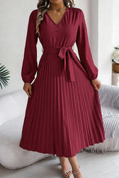 Solid Color Elegant V-neck Buttoned Lace-up Pleated Maxi Dress - View 5