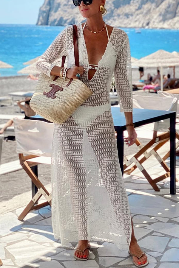 Kimberly Timeless Beach Life Crochet Lace Scoop Neck Half Sleeve Holiday Maxi Dress Boutique Edit