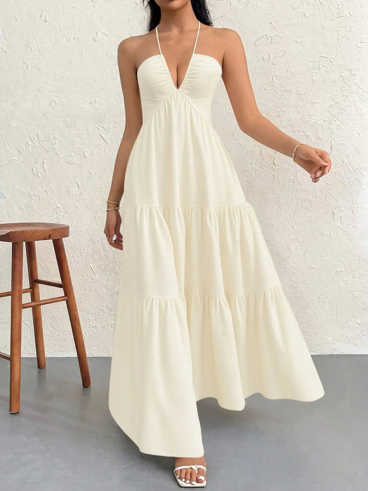 Halter Neck Deep V-Neck Sleeveless Tiered Maxi Dress