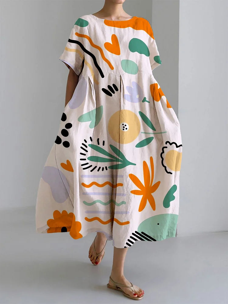 Abstract Print Round Neck Short Sleeve Oversized Maxi Dress