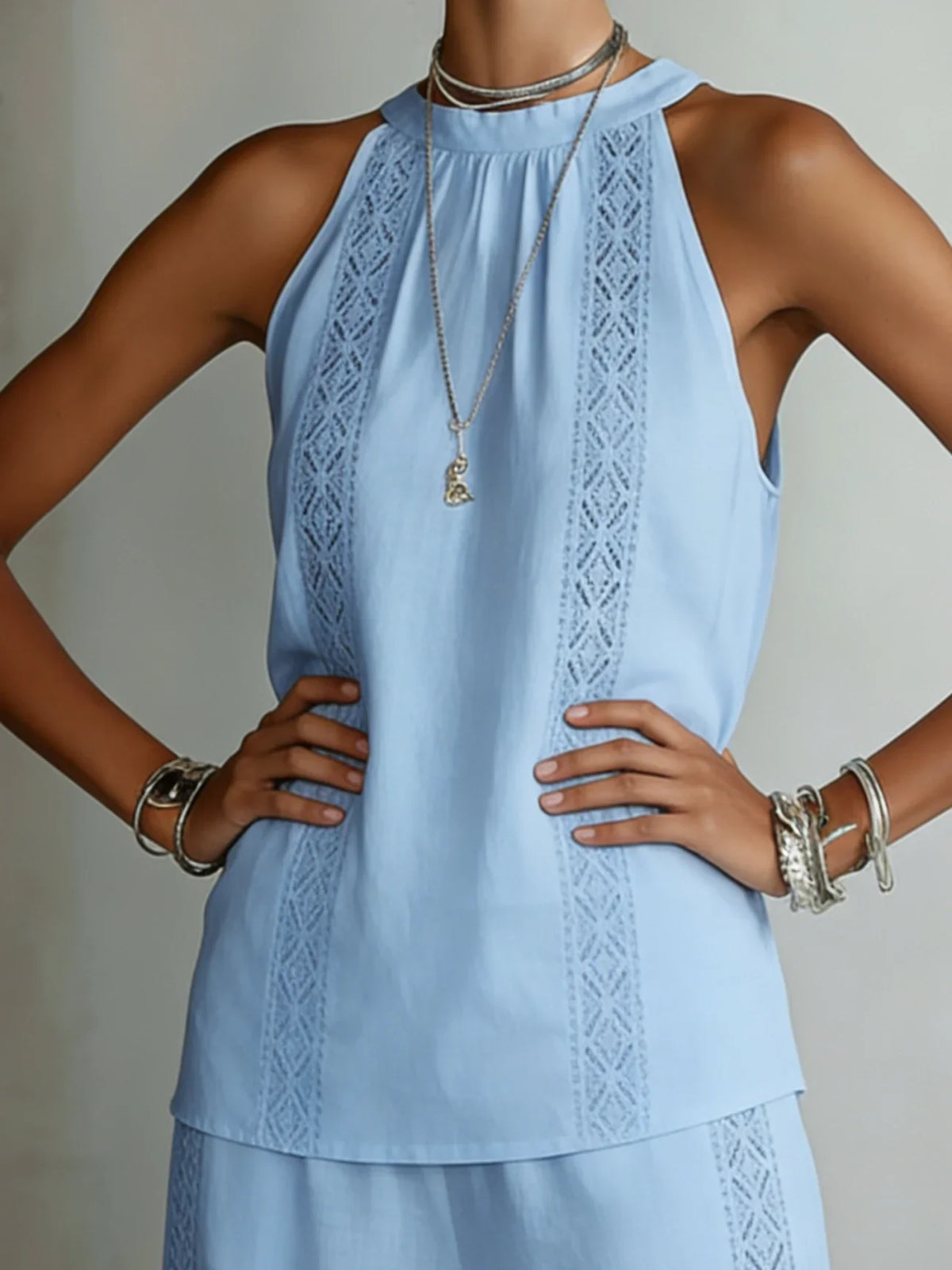 Halter Neck Crochet Trim Top and Wide Leg Pants Two Piece Set