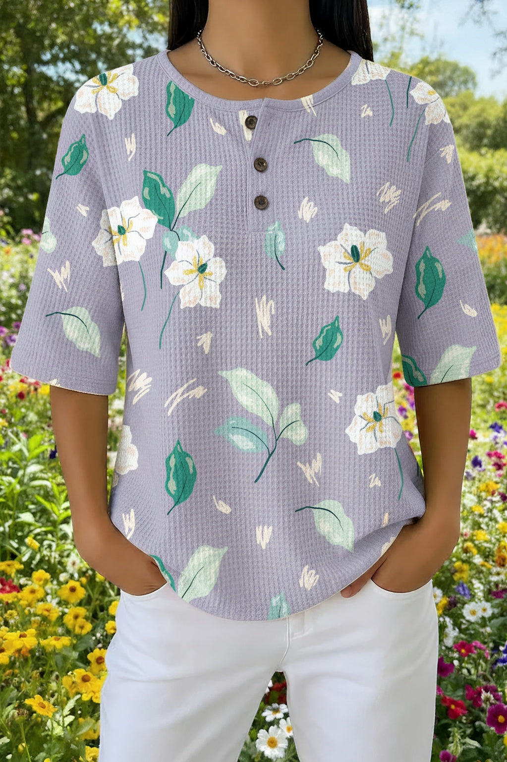 Womens Grey-Blue Floral Print Casual Henley Shirt