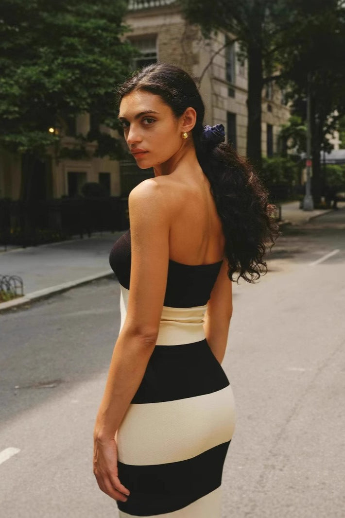 High-Waisted Knit Striped Work Dress