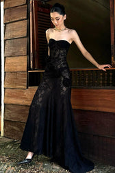 Sheer Lace Strapless Floral Applique Train Lace Dress