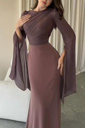 Liora Ruched Organza Satin Patchwork Long Bell Slit Maxi Dress - View 21