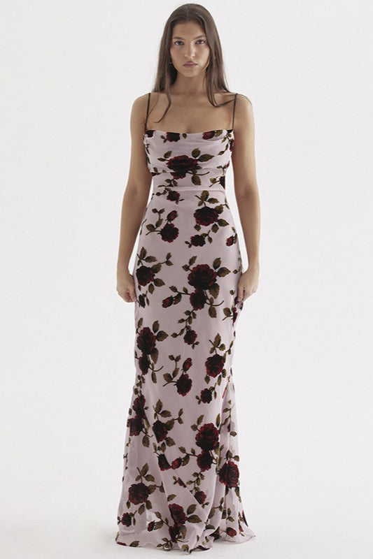 Floral Print Square Neck Spaghetti Strap Bodycon Maxi Dress