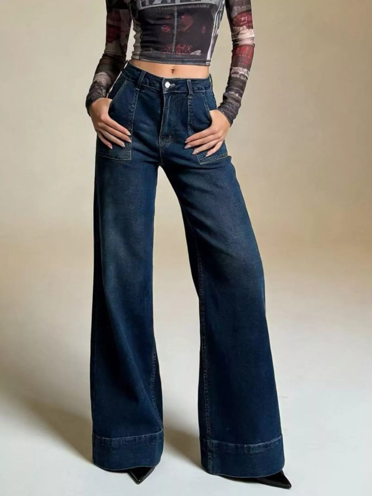 High Waist Patch Pocket Wide Cuff Hem Wide Leg Jeans 5