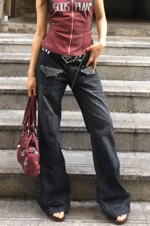 Vintage Washed Distressed Wide-Leg Denim Jeans