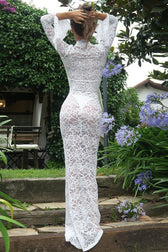 Deep V Lace Sheer Pattern Long Sleeve Maxi Lace Dress