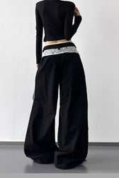 Vintage Lace Patchwork Bow High Waist Slim Wide Leg Pants
