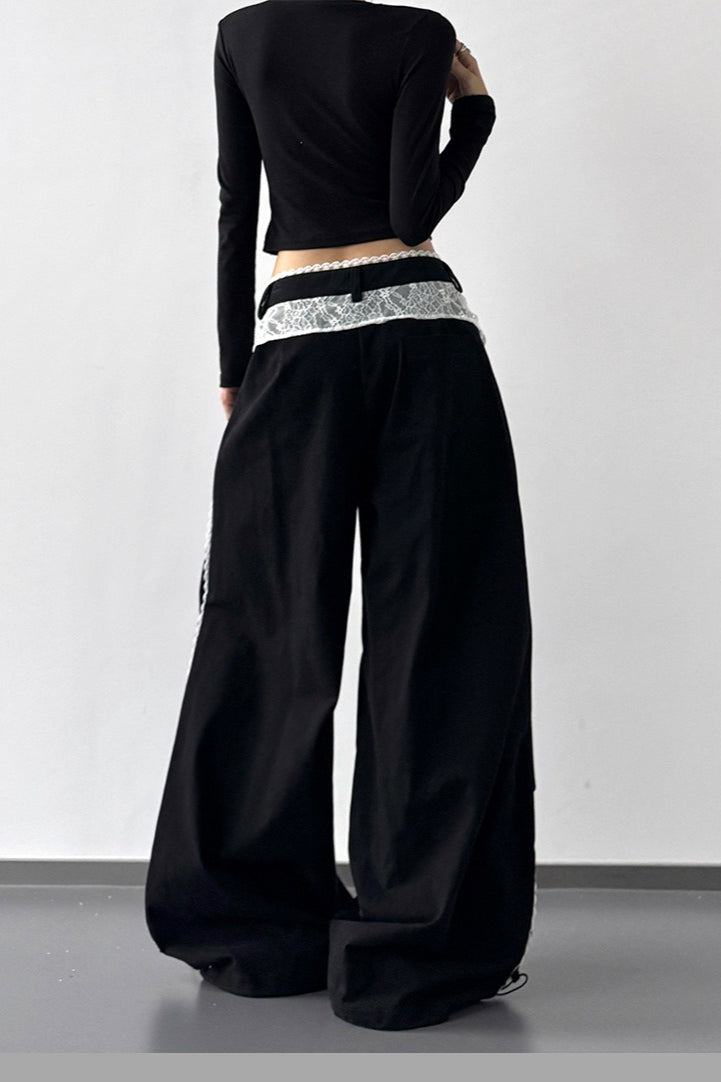 Lace Trim Waist Panel Toggle Hem Baggy Wide Leg Pants 4