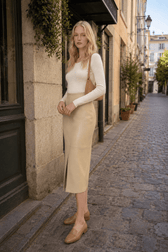 Faux Leather Piping Sit Midi Skirt