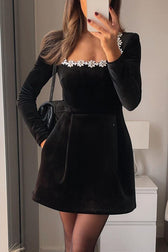 Endless Celebration Velvet Jewel Embellished Trim Mini Dress