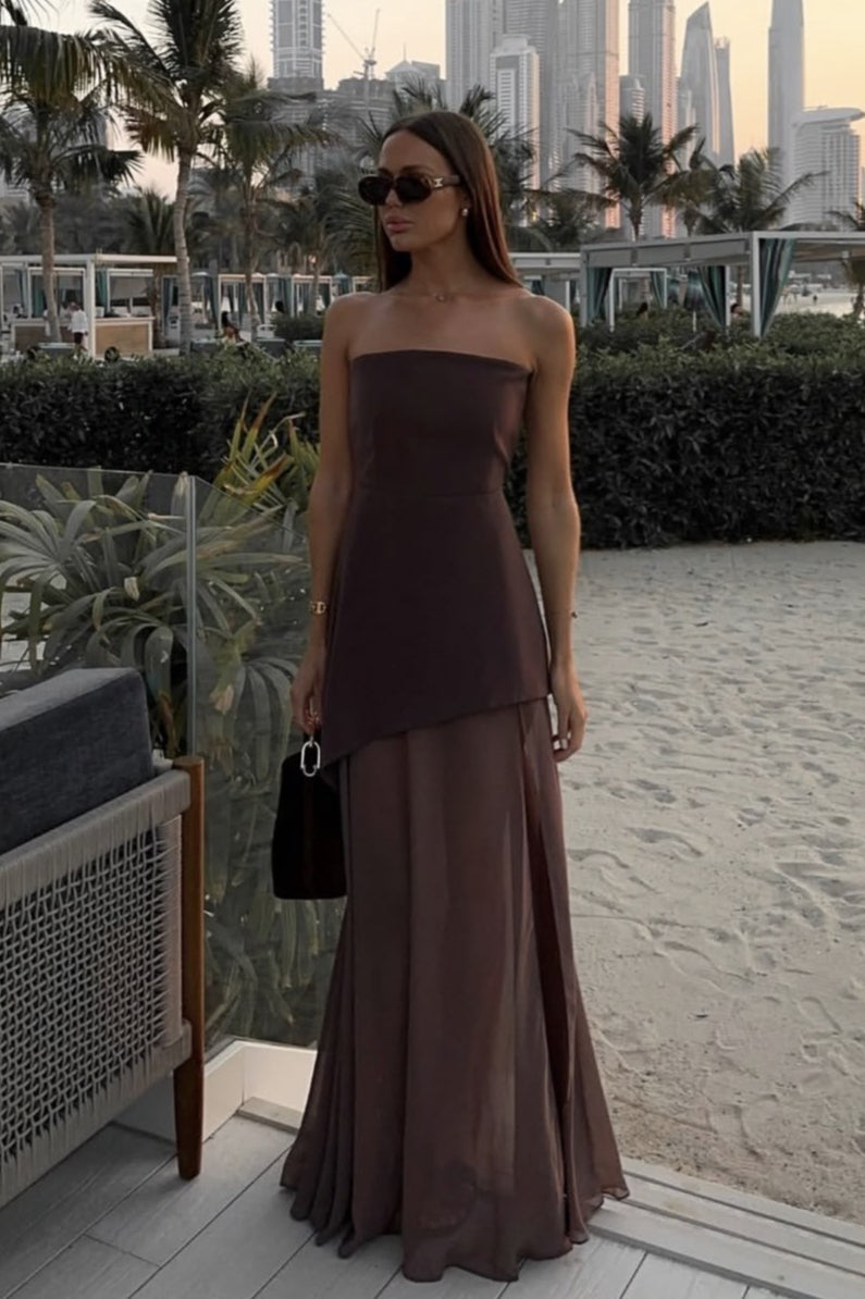 Strapless Scarf Neck High Split Bodycon Maxi Dress