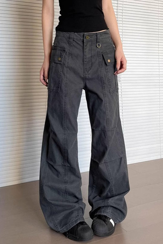 Straight Flared Vintage Washed Multi Pocket Cargo Pants