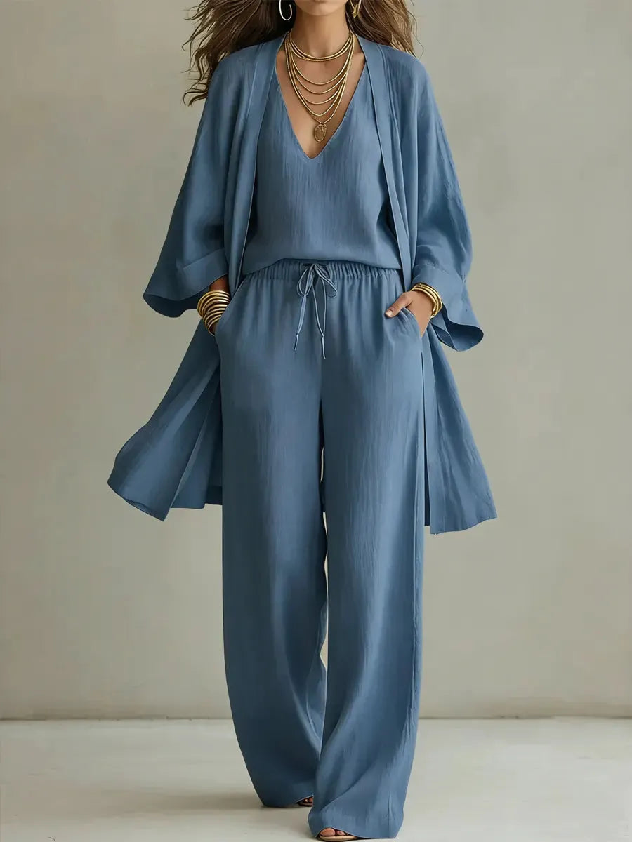 Open Front Robe Cami and Wide Leg Pants Three Piece Set