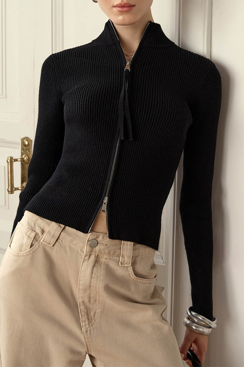 Stand Collar Slim Fit Dual Zip Cardigan
