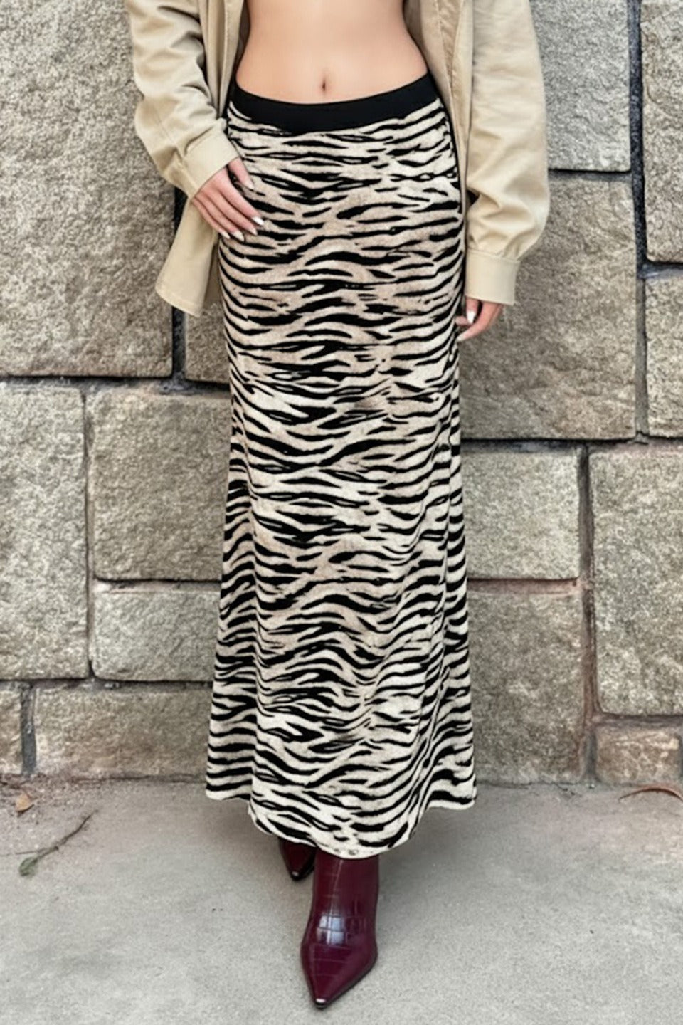 Zebra Print Contrast Waistband Slim Fit Maxi Skirt