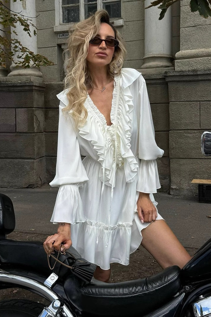 V-Neck Ruffle Trim Flared Long Sleeve Tiered Mini Dress
