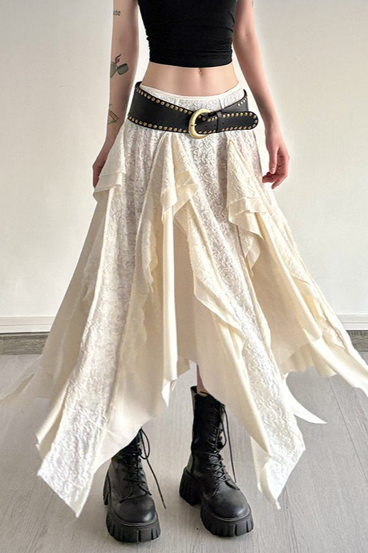 Textured Lace Cascading Ruffle Handkerchief Hem Midi Skirt 4