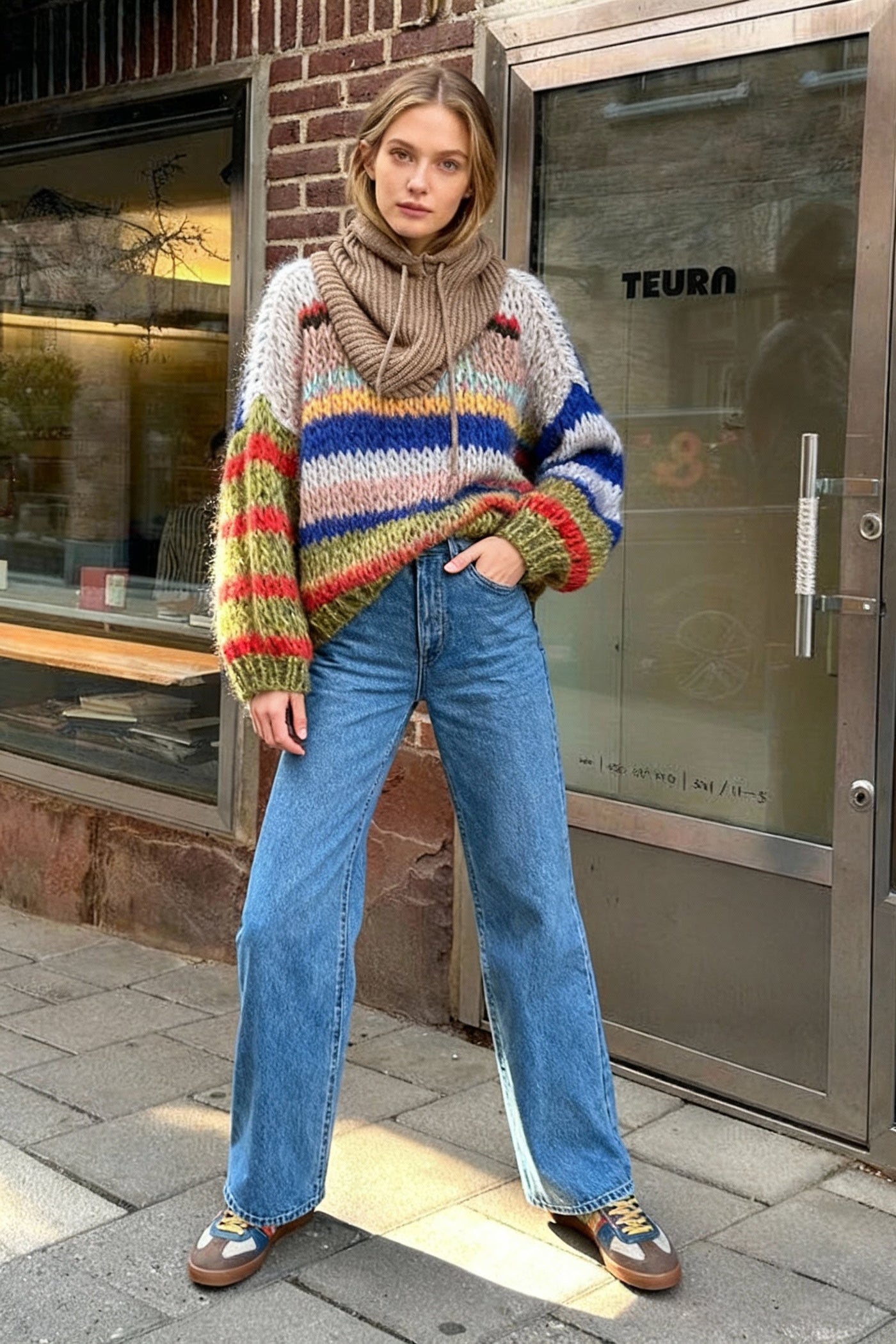 Fashion Contrasting O Neck Hollow Out Knitted Pullover Women Long Sleeve Loose Sweater
