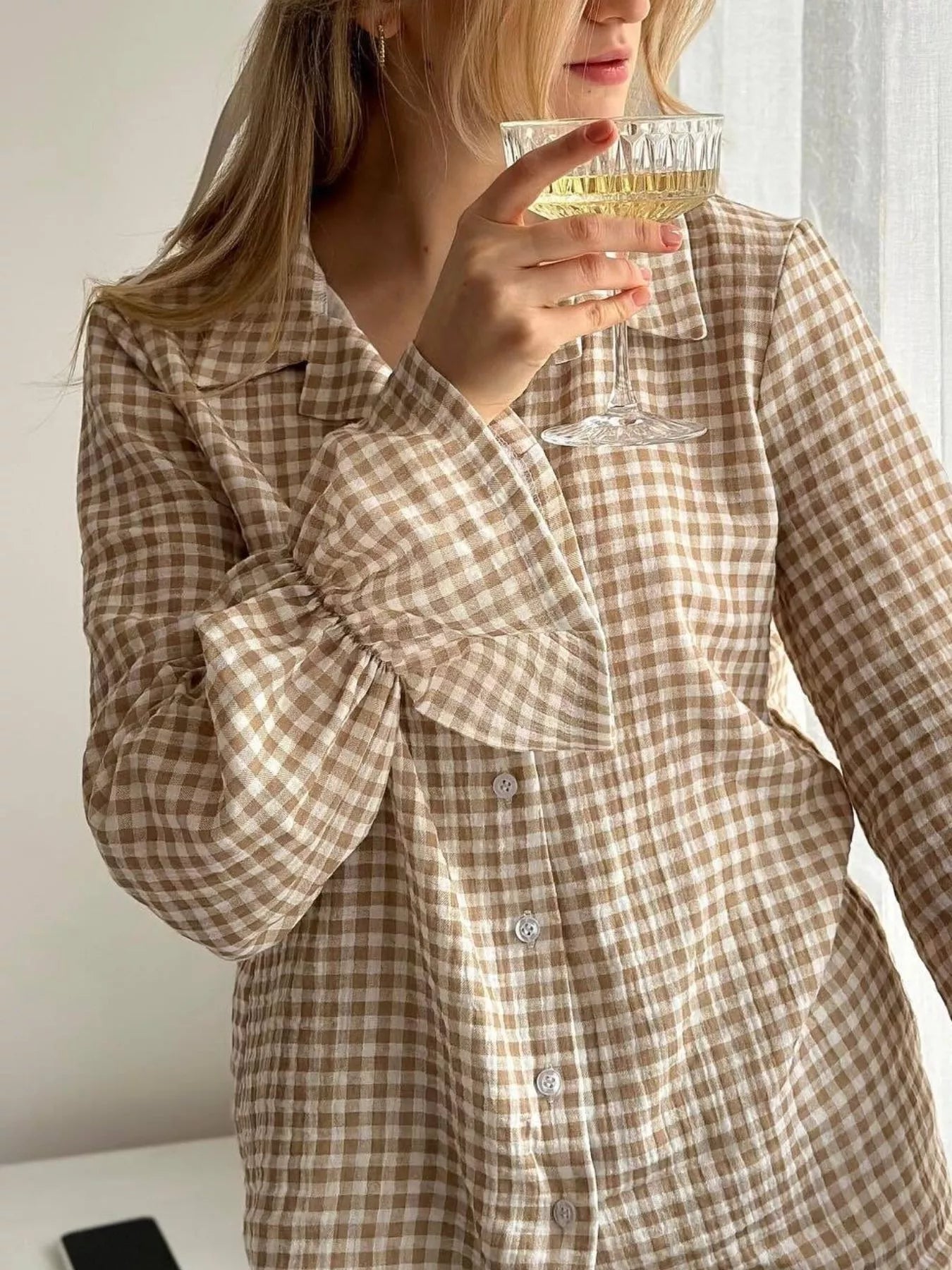 Gingham Ruffle-Trim Top and Pants Lounge Set