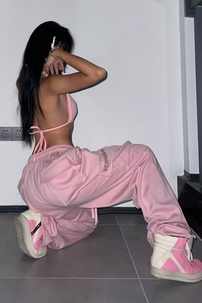 Vintage Y2K Pink Parachute Wide Leg Hip Hop Cargo Pants