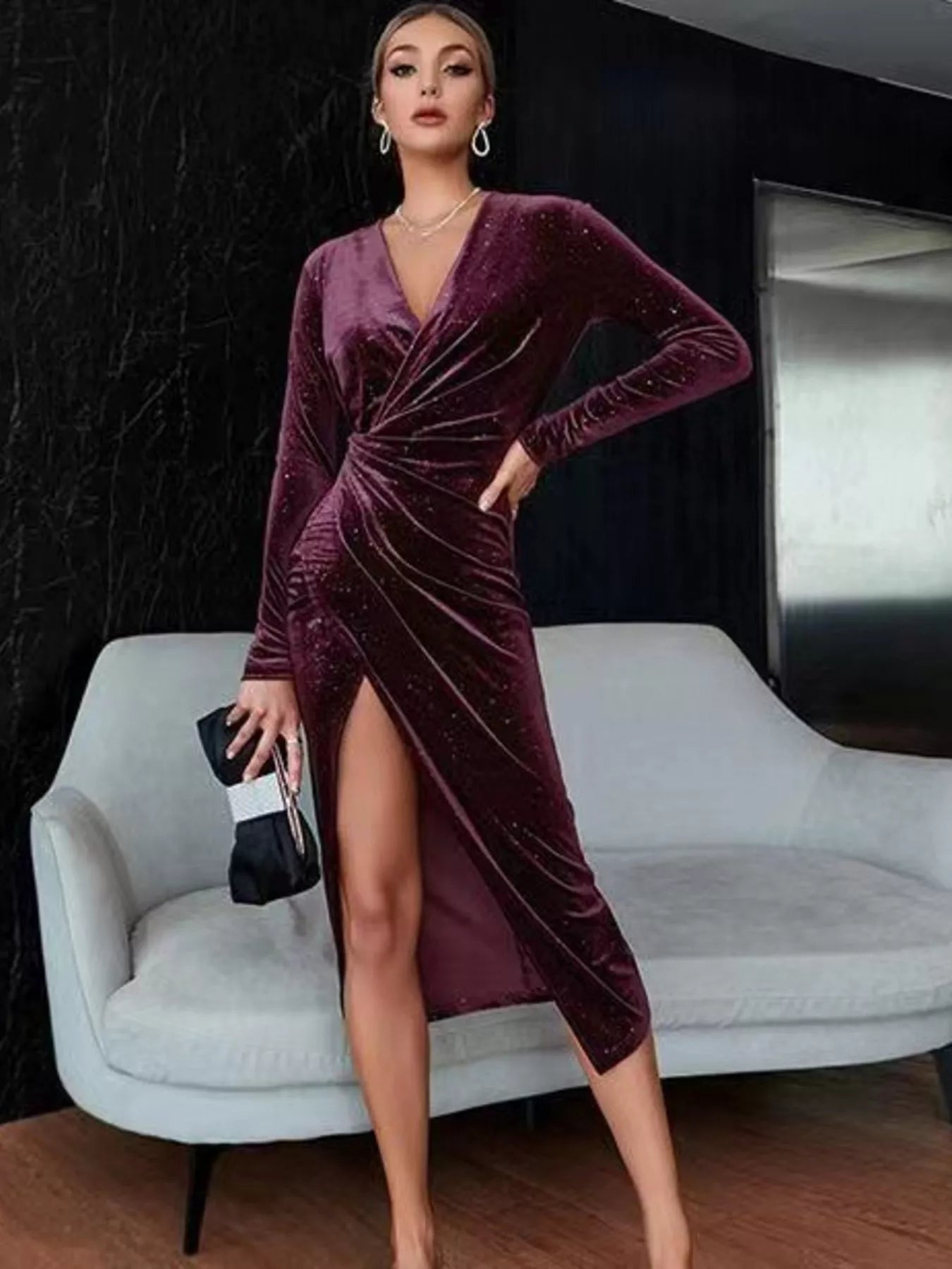 Velvet Ruched Slit Midi Dress Plum Purple
