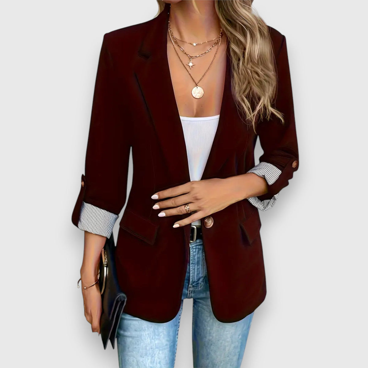 Notch Lapel Roll Up Sleeve Single Button Blazer