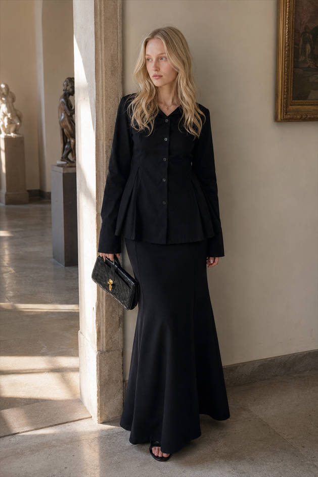 Long Sleeve Button Front Peplum Shirt and Mermaid Maxi Skirt Two Piece Set 6