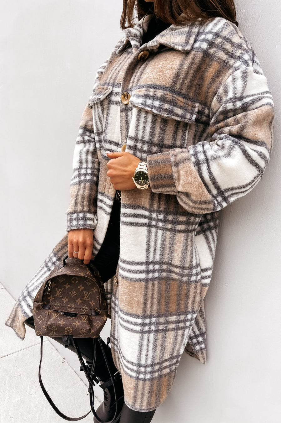Plaid Button Front Flap Pocket Longline Shirt Coat 8