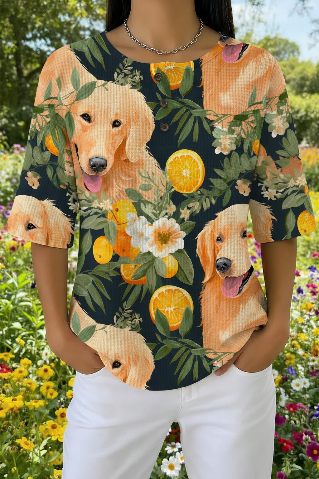 Golden Retriever Orange Fruit Print Button Henley Waffle Top