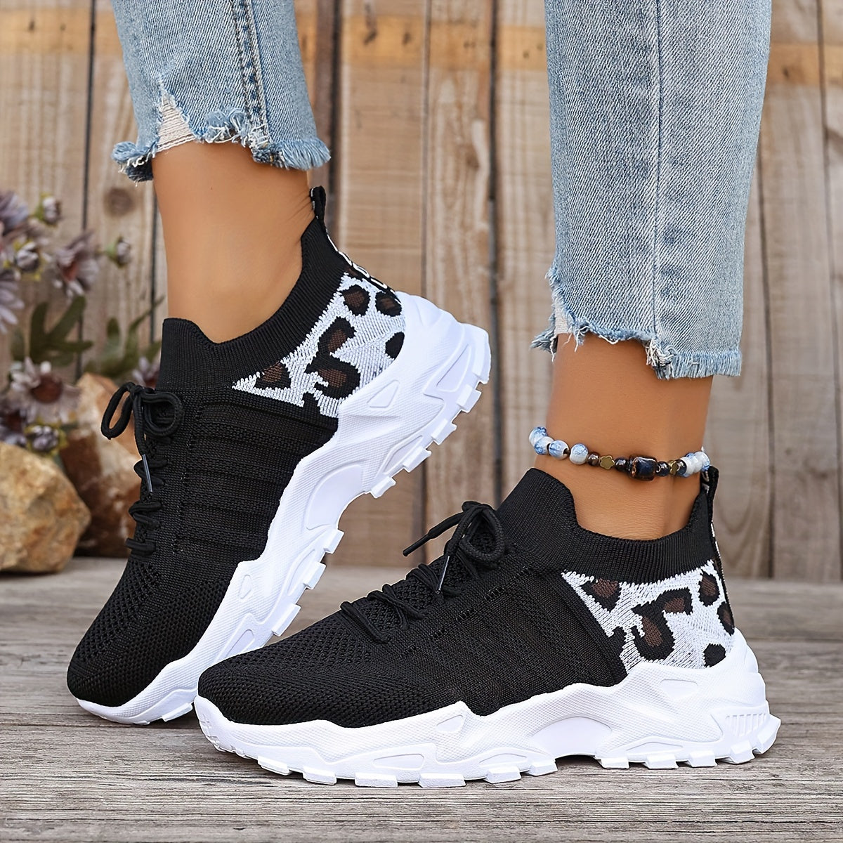 Lace Up Leopard Print Knit Chunky Sneakers