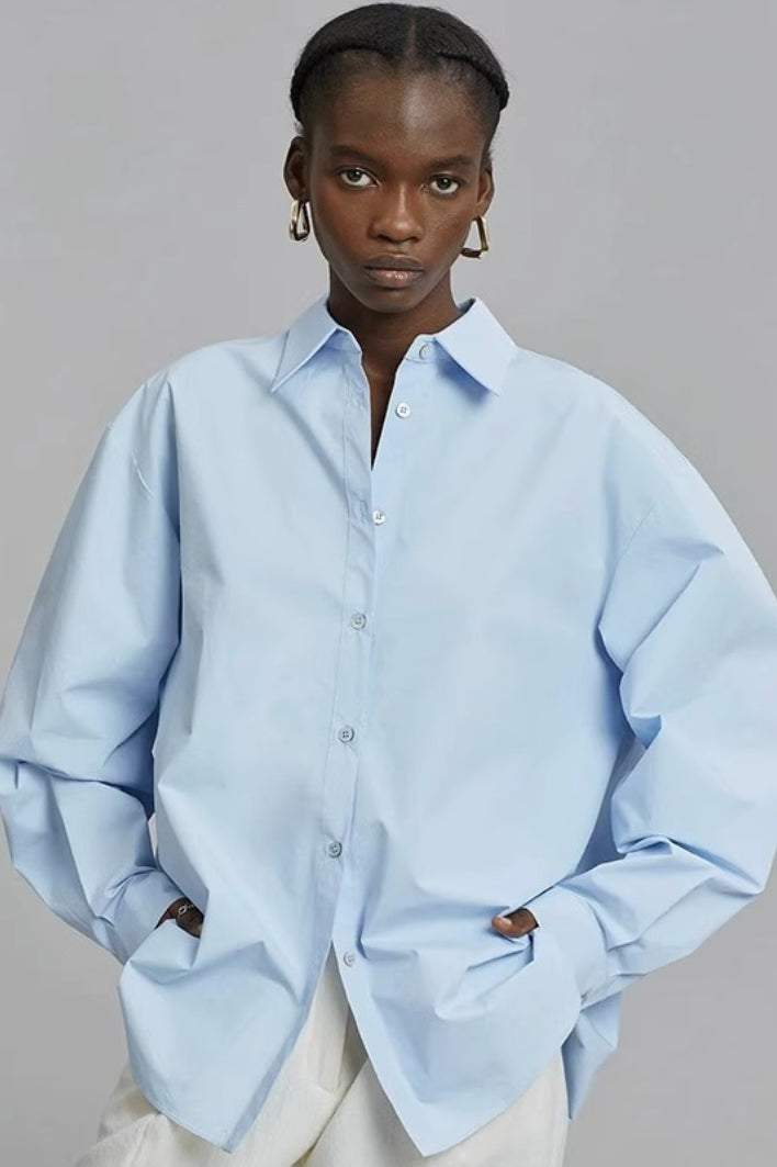Oversized Collared Long Sleeve Drop Shoulder Button Front Shirt