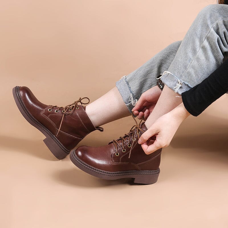 Retro Boots Brush-Off Leather Round Toe Low Heel Bottine Flat Ankle Boots Black/Coffee