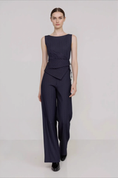 Stripe Asymmetric Sleeveless Top Straight Work Set