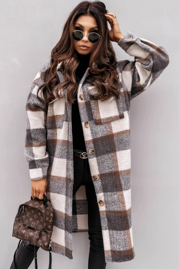 Plaid Button Front Flap Pocket Longline Shirt Coat 4