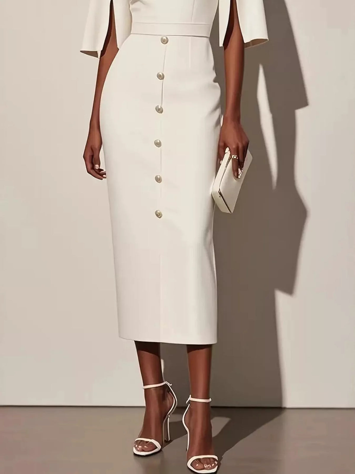 Boat Neck Split Sleeve Belted Button Front Pencil Midi Dress 3