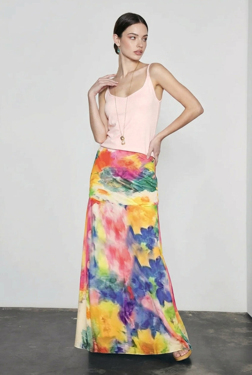 Watercolor Abstract Print Fold Over Waist Column Maxi Skirt 2