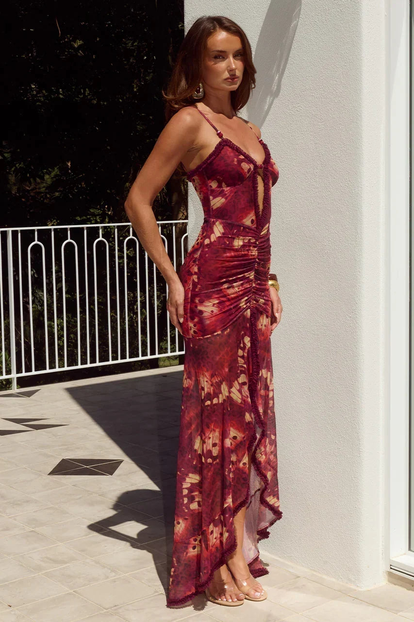 Abstract Print Mesh Cami Keyhole Ruched Front Lettuce Hem Maxi Dress 5