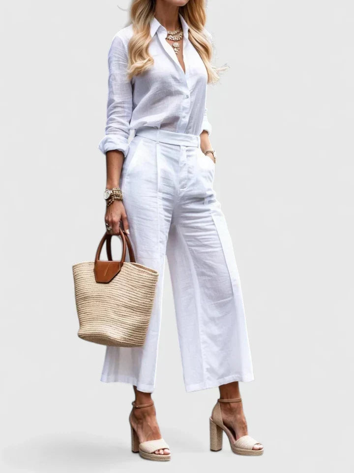 Long Sleeve Button Shirt and Wide Leg Pants Two Piece Set