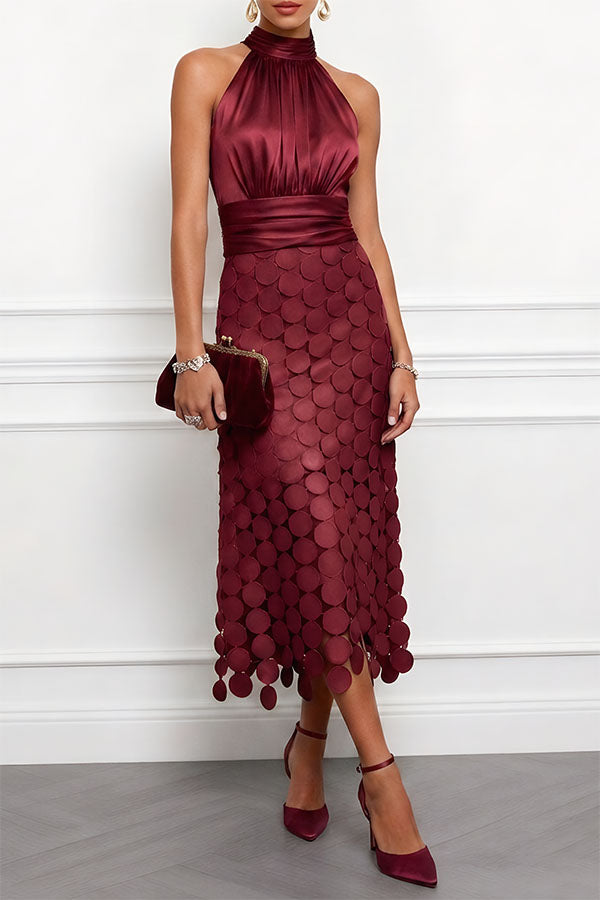 Halter Neck Satin Bodice Disc Paillette Midi Dress