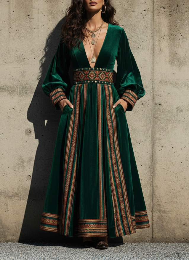 Forest Green Velvet Embroidered V-Neck Maxi Dress